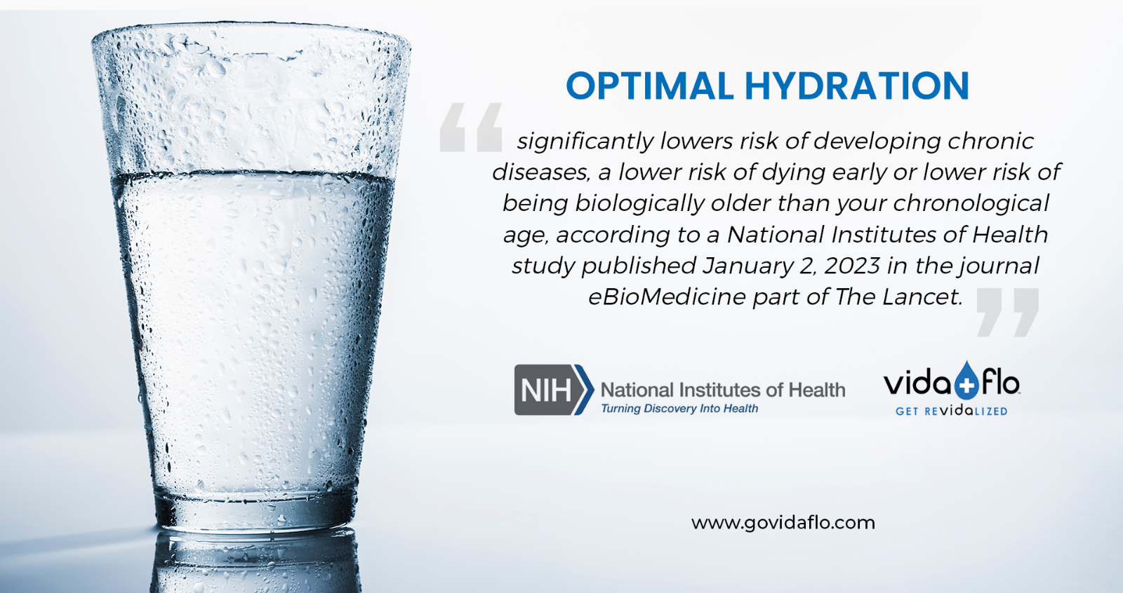 An image of a glass of water with a quote on optimal hydration.
